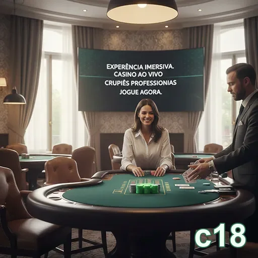 Croupier profissional no c18 interagindo com jogador em cassino.