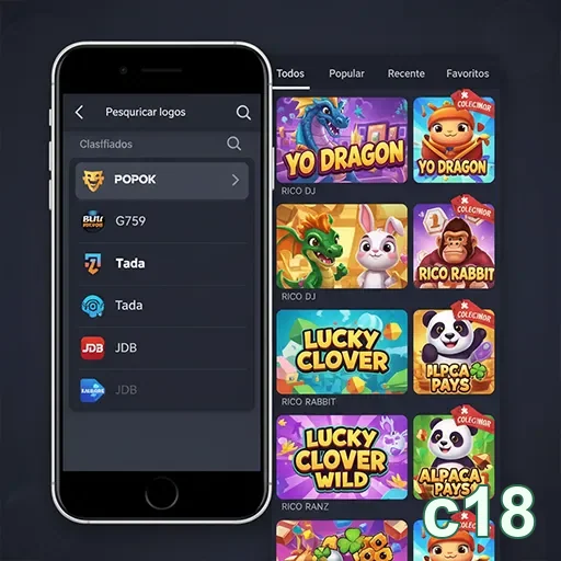 Interface de jogos de slots no site c18 com diversas opções.