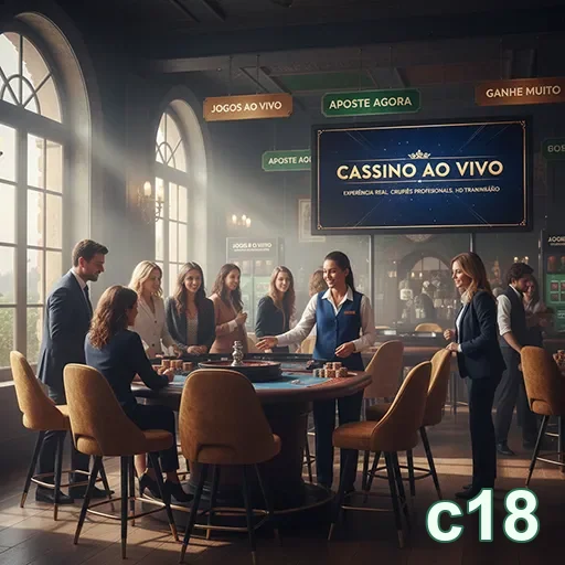 Ambiente VIP do cassino ao vivo da c18 com dealers e jogadores.