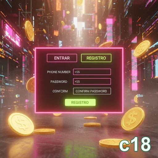 Tela de registro do aplicativo c18 com moedas virtuais ao fundo.