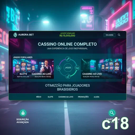 Interface do cassino online c18 com jogos de slot e dealers ao vivo.