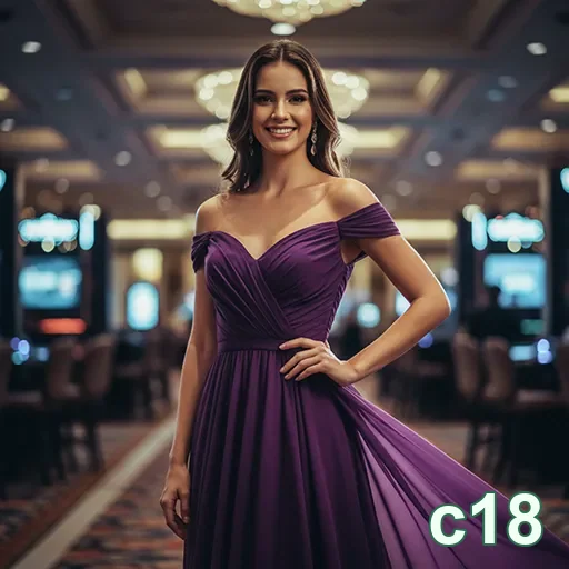 Mulher em vestido elegante no cassino c18 destacando vantagens VIP.