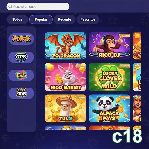 Interface de jogos populares no cassino c18 com temas variados.