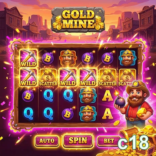 Tela do jogo Gold Mine na c18, com símbolos e bônus destacados.