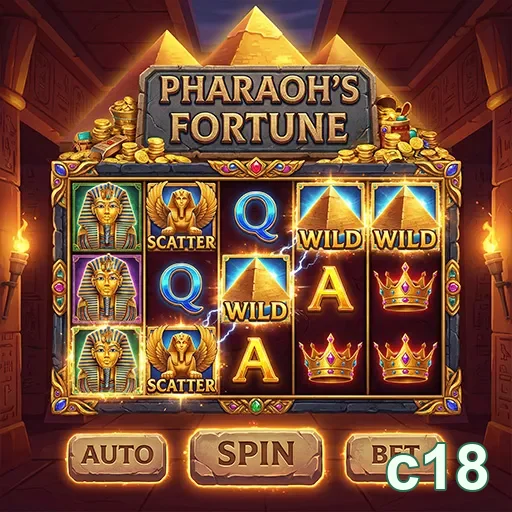 c18 exibe slot Pharaoh's Fortune com símbolos e prêmios.