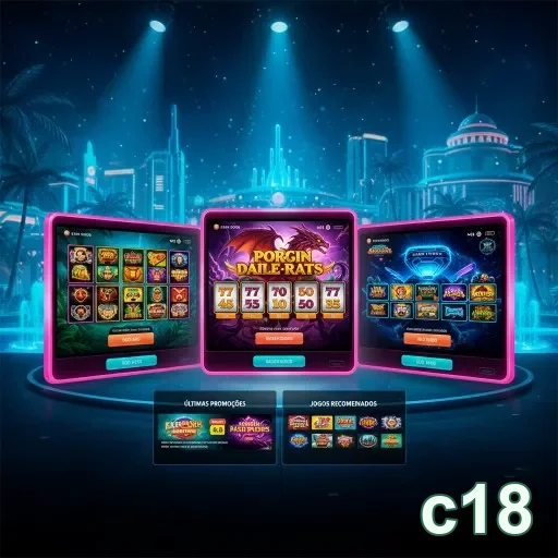 Interface do site c18 mostrando promoções de jogos de slots.