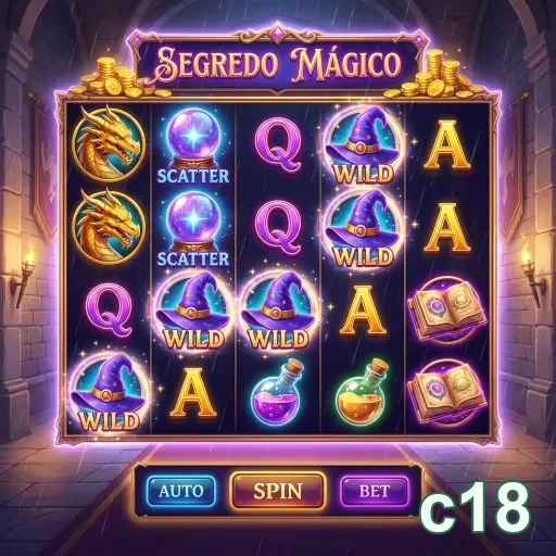 Tela do slot 'Segredo Mágico' no site c18 com símbolos especiais.