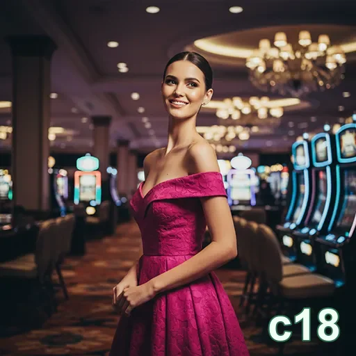 Modelo elegante em cassino com máquinas de jogo ao fundo no c18.