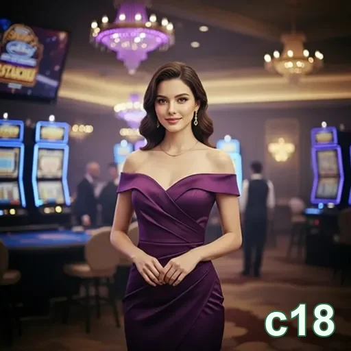 c18 mostra interface de cassino online com jogadora e slots.