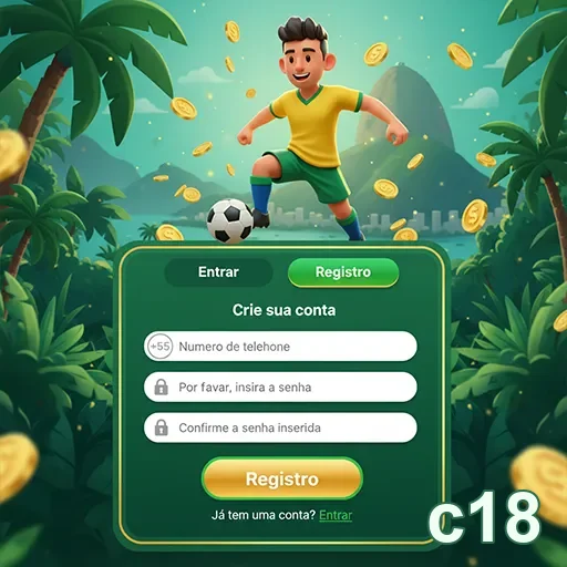 Interface de registro da c18 com um jogador de futebol animado.
