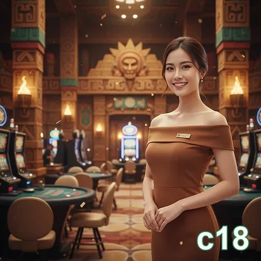 c18 apresenta uma dealer ao vivo em ambiente de cassino luxuoso.