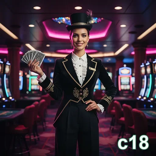 Dealer ao vivo na c18, mostrando fichas em cassino online.